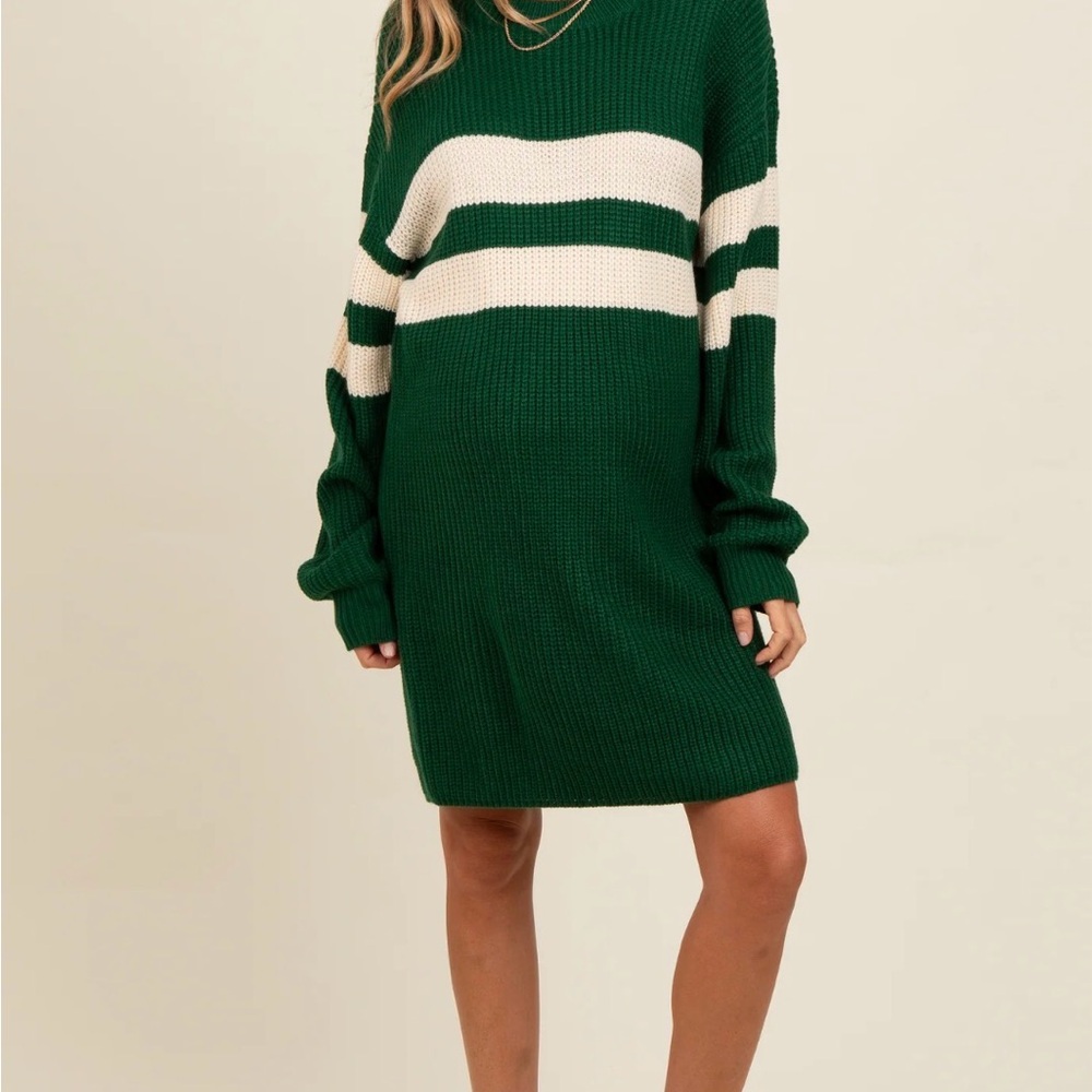 Forest Green & Cream Stripe Sweater Dress - By February